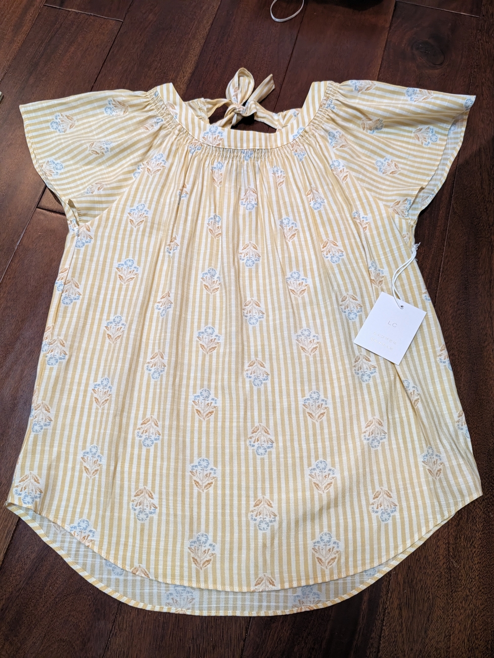 LC Lauren Conrad Yellow Stripe Floral Tie-Back Peasant Top In Size Small
